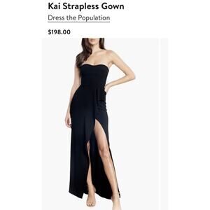 Dress the Population Strapless Gown with Leg Slit Black Small Formal Cocktail